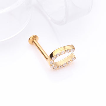 Detail View 1 of Golden Lucky Charm Sparkle Horseshoe Threadless Flat Back Stud Labret-Clear Gem